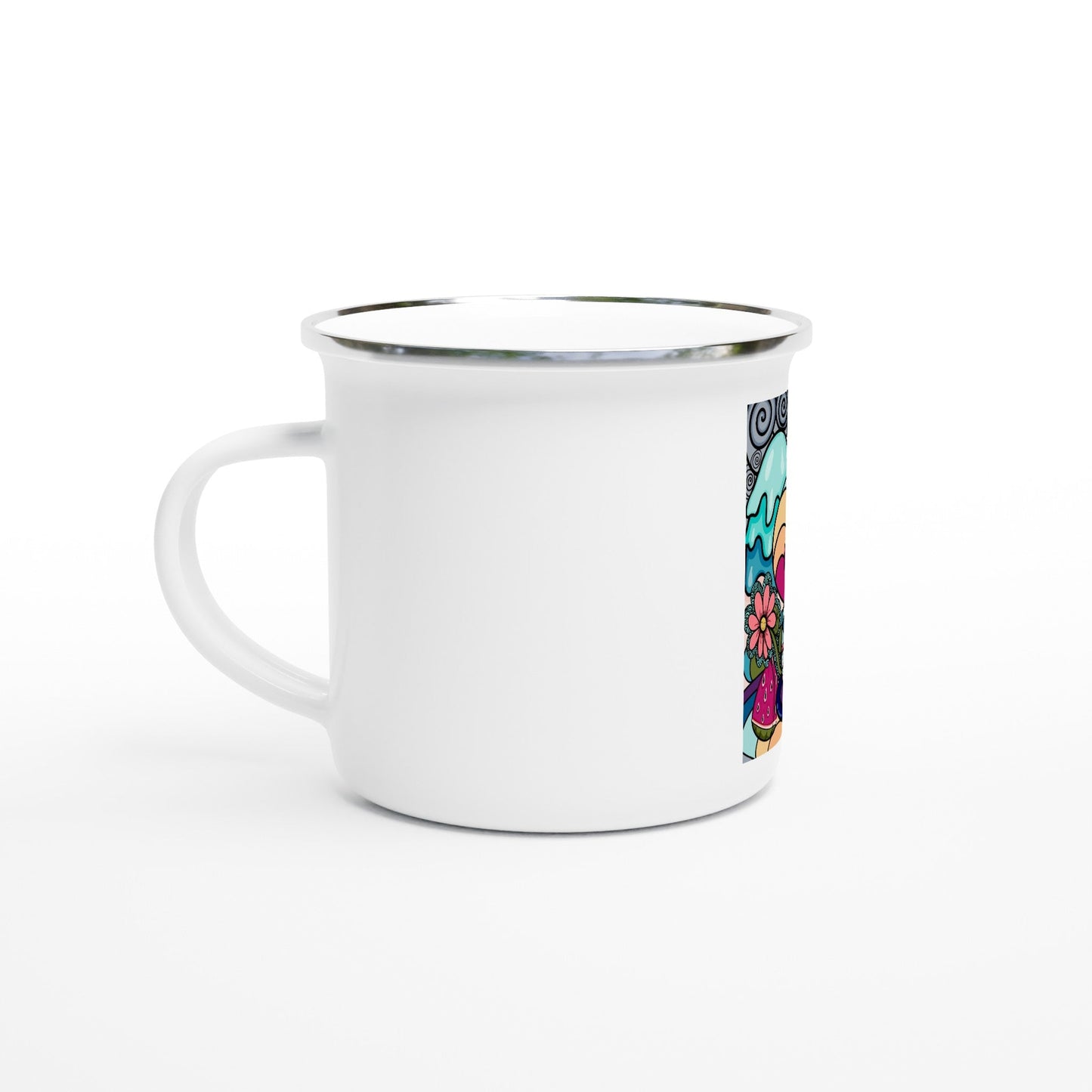 Mushroom in a teacup White 12oz Enamel Mug - Art by immyt