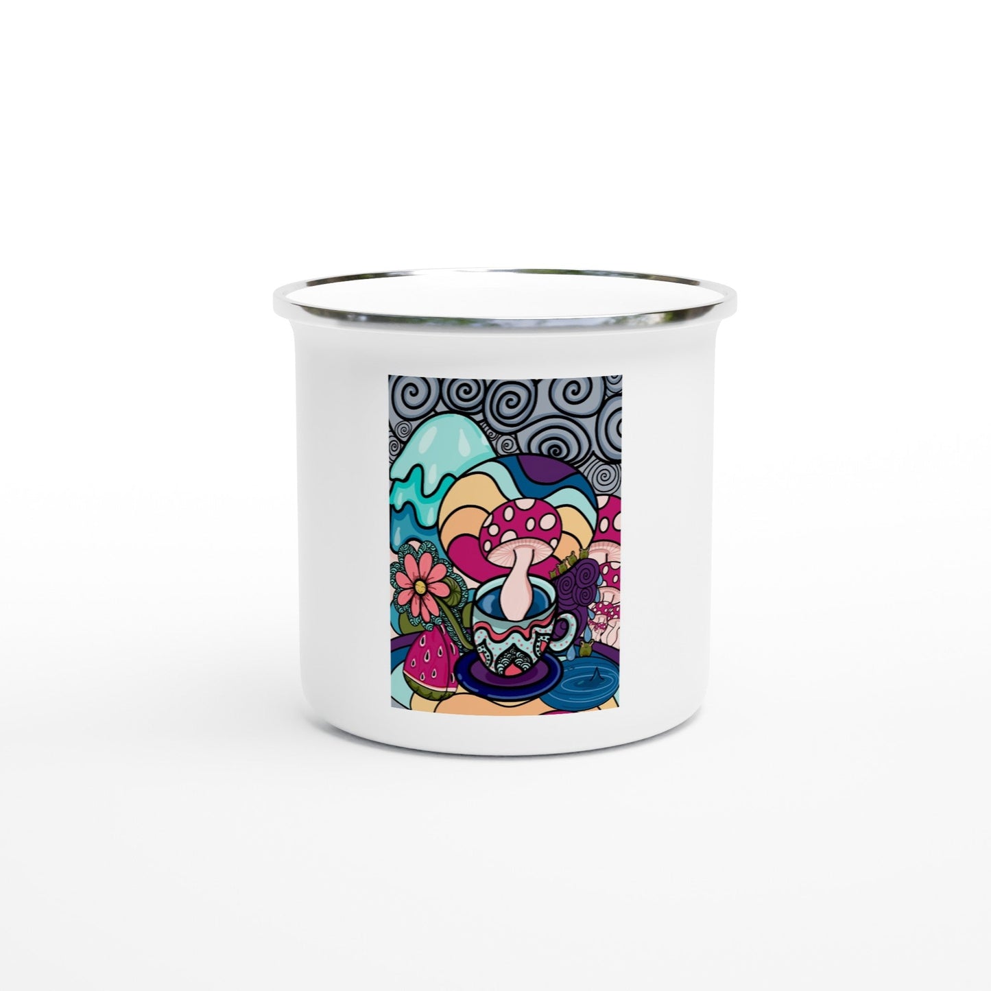 Mushroom in a teacup White 12oz Enamel Mug - Art by immyt