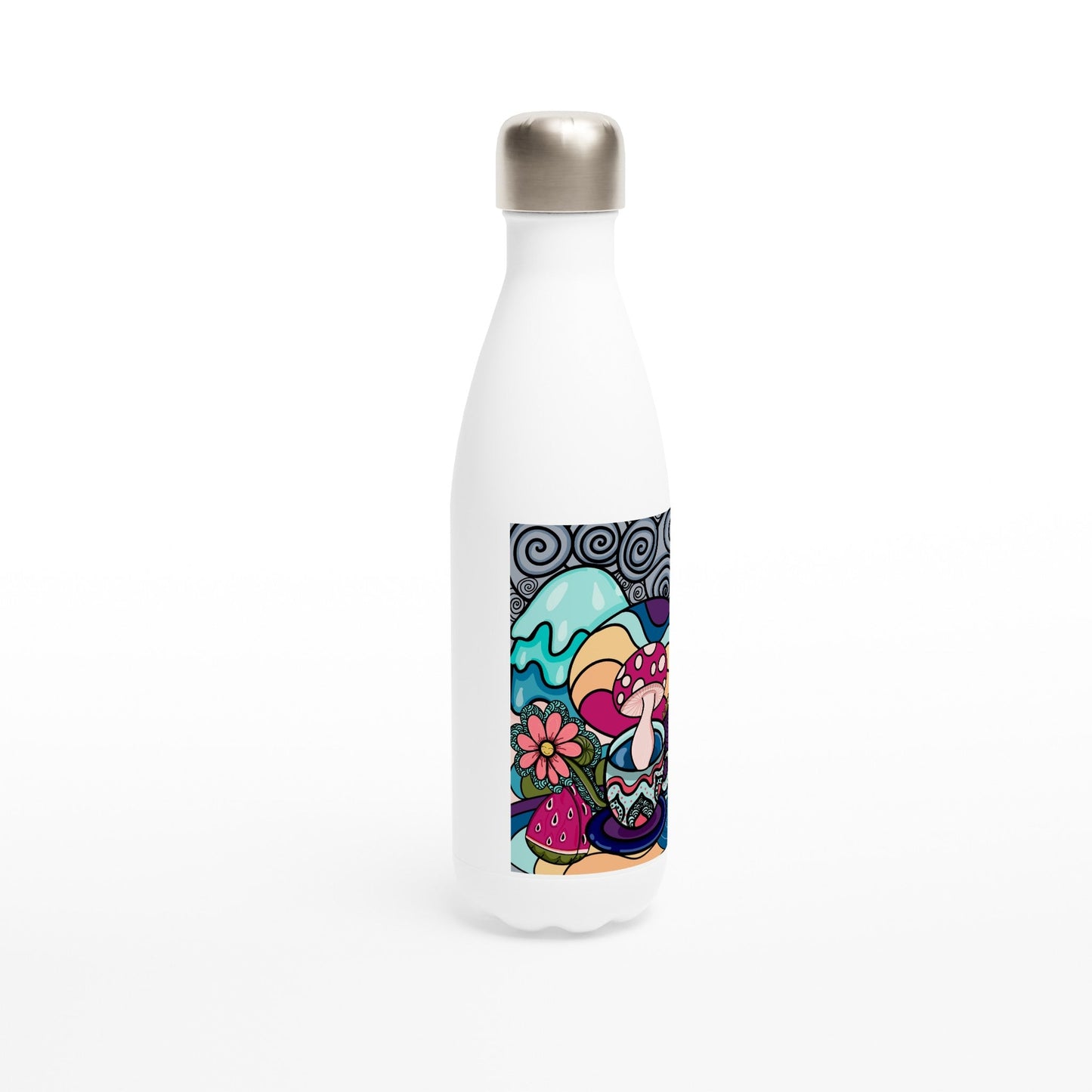 Mushroom in a teacup White 17oz Stainless Steel Water Bottle - Art by immyt