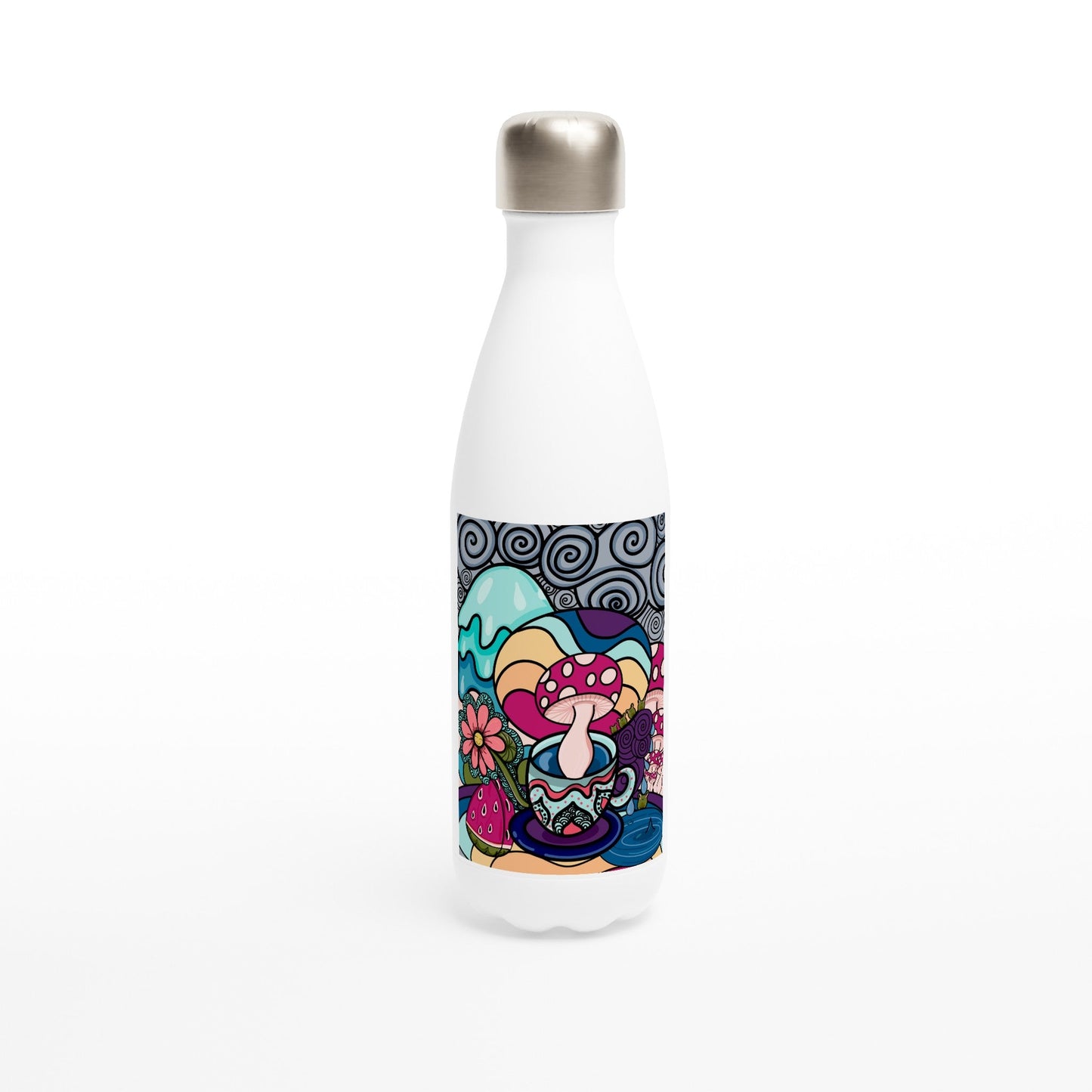 Mushroom in a teacup White 17oz Stainless Steel Water Bottle - Art by immyt