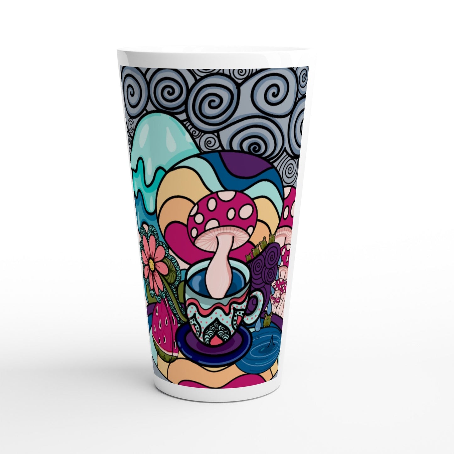 Mushroom in a teacup White Latte 17oz Ceramic Mug - Art by immyt