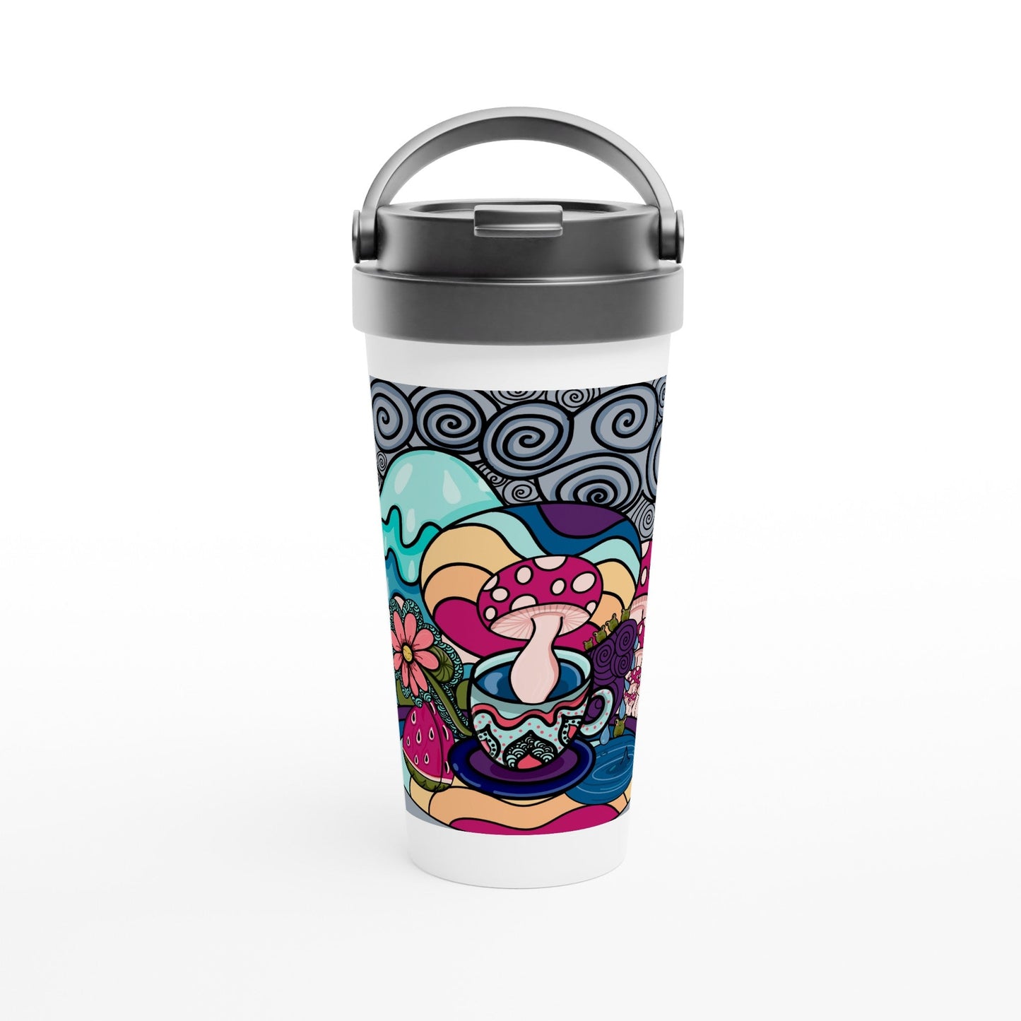 Mushroom in teacup White 15oz Stainless Steel Travel Mug - Art by immyt