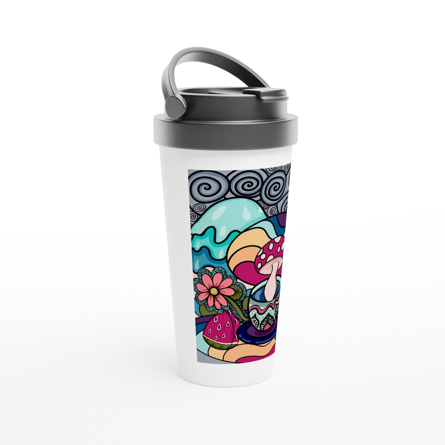 Mushroom in teacup White 15oz Stainless Steel Travel Mug - Art by immyt